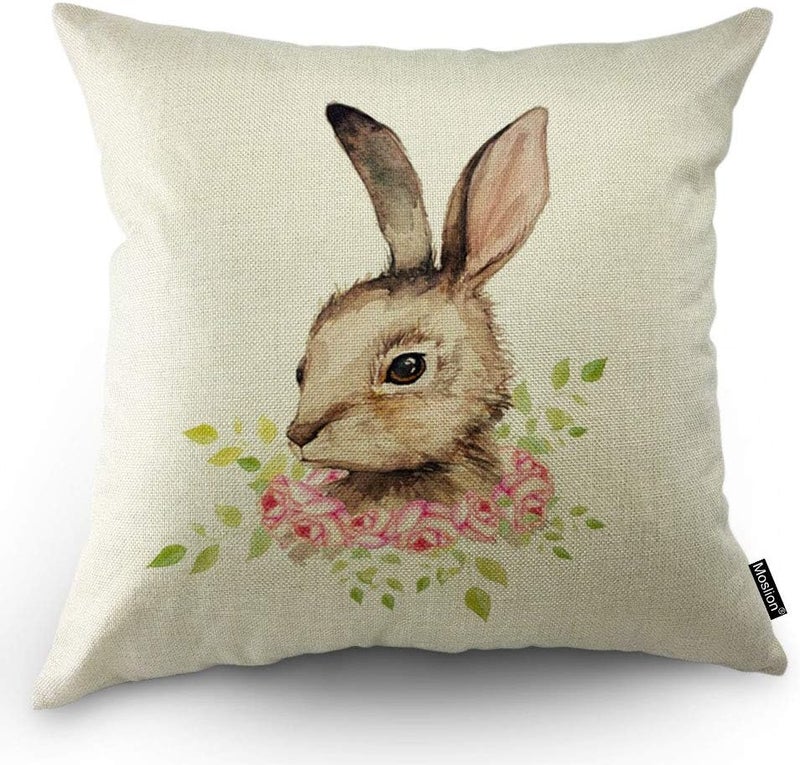 Moslion Bunny Pillows Decorative Pillow Case Sketch of Cute Animal Rabbit with Pink Rose Flowers Green Leaves for Easter Throw Pillow Cover Square Cushion Accent Cotton Linen Home 18x18 Inch Brown - Image 1